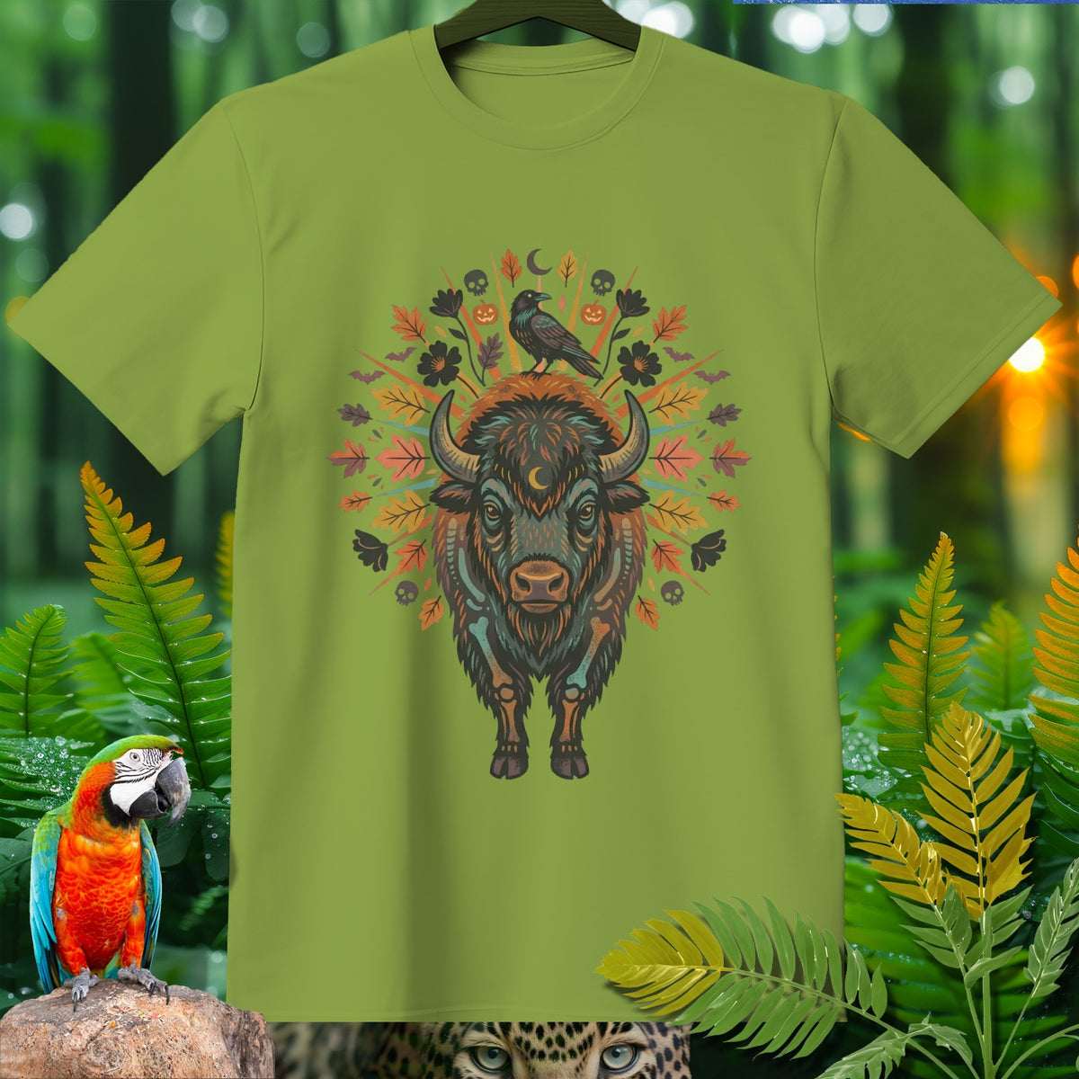 Green t-shirt featuring a stylized bison with celestial and autumnal elements.