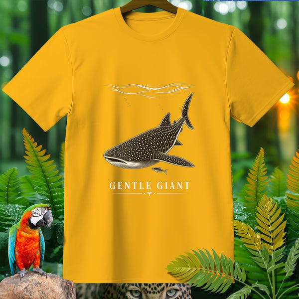 Yellow t-shirt featuring a whale shark and the text "GENTLE GIANT".