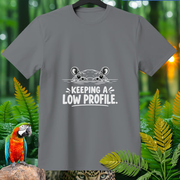 Gray t-shirt with a cartoon hippo peeking from water and text "KEEPING A LOW PROFILE."