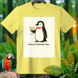 Yellow t-shirt with a penguin holding a drink and text 