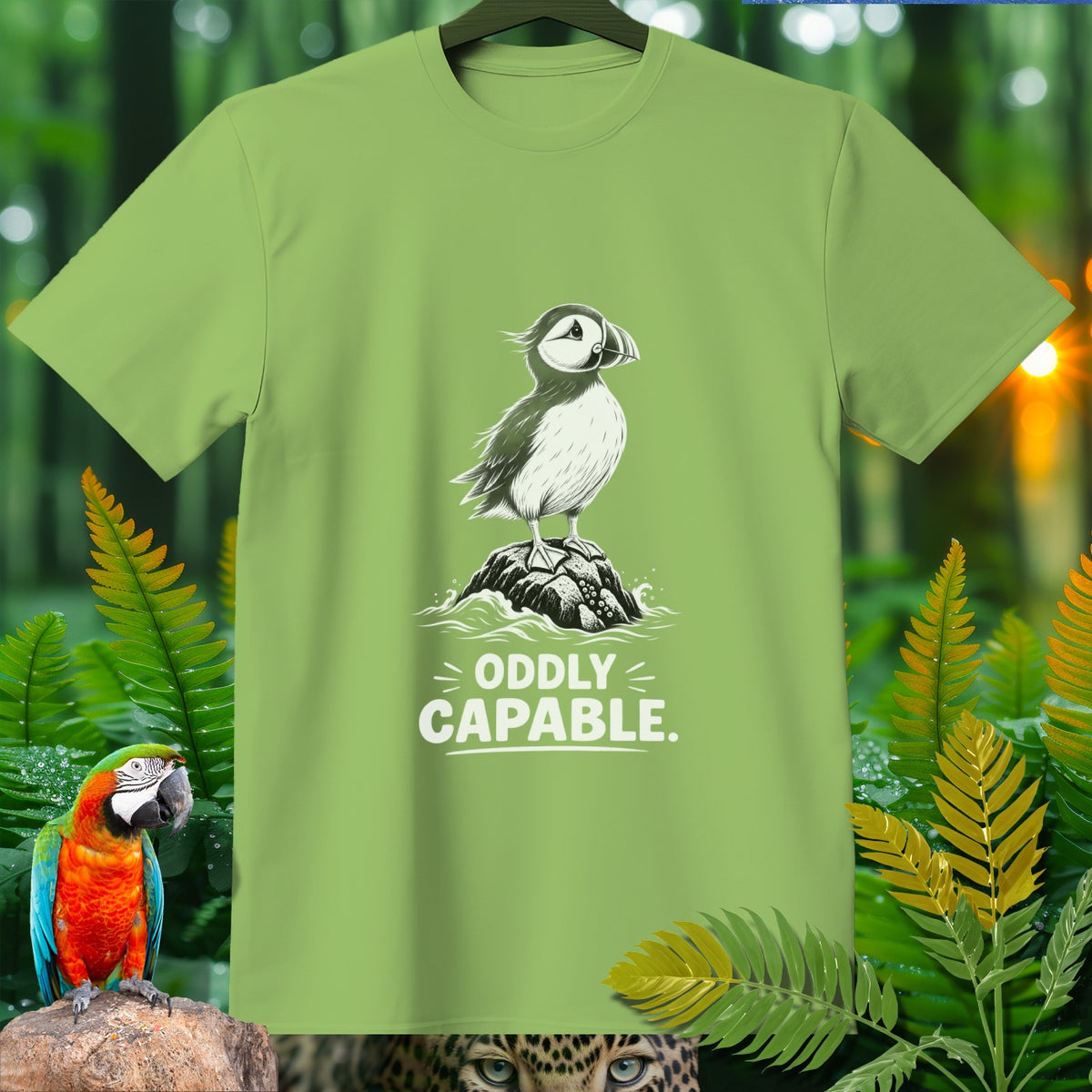 Light green t-shirt with a puffin graphic and text "ODDLY CAPABLE."