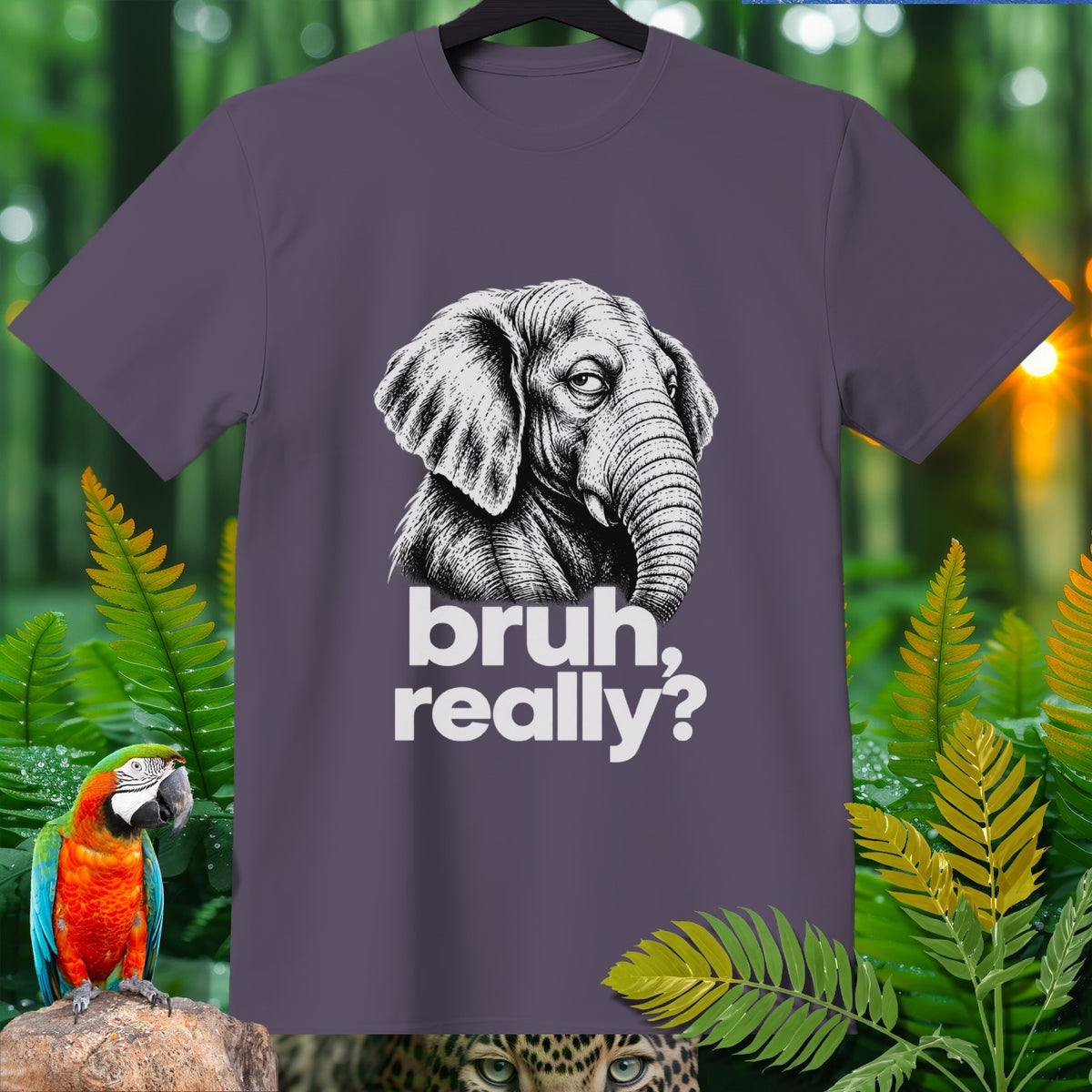 T-shirt with a black and white elephant illustration and "bruh, really?" text.