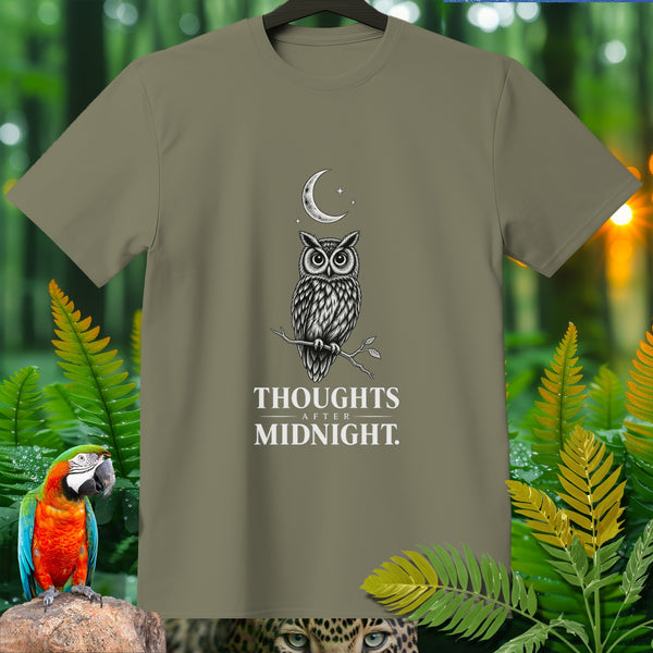 Owl and moon graphic with "THOUGHTS AFTER MIDNIGHT" text on a tan t-shirt.