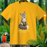 Yellow t-shirt with a charcoal drawing of a fox and text 