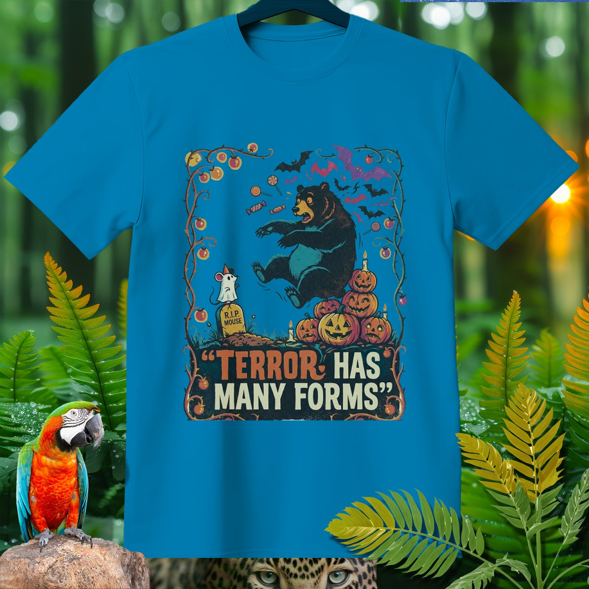Bear and mouse Halloween graphic with text "Terror Has Many Forms".