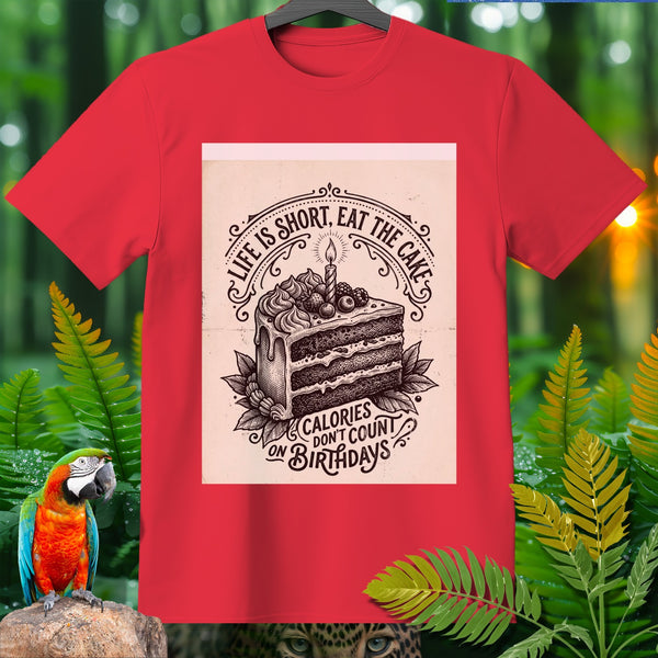 Red t-shirt with a slice of cake graphic and text reading "Life is Short, Eat the Cake. Calories Don't Count On Birthdays."