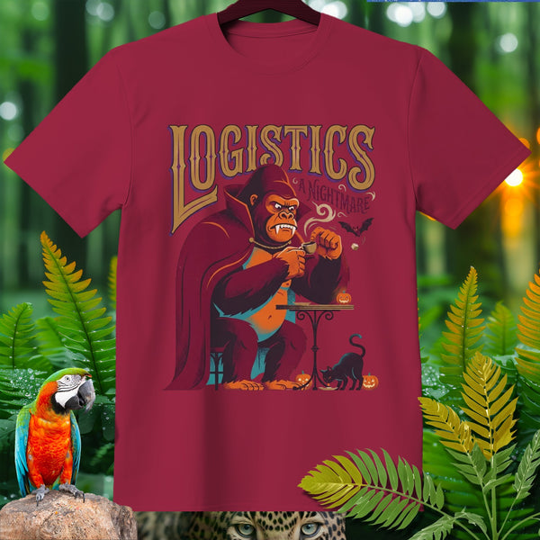 Maroon t-shirt with a gorilla, bat, and black cat graphic saying "LOGISTICS A NIGHTMARE".