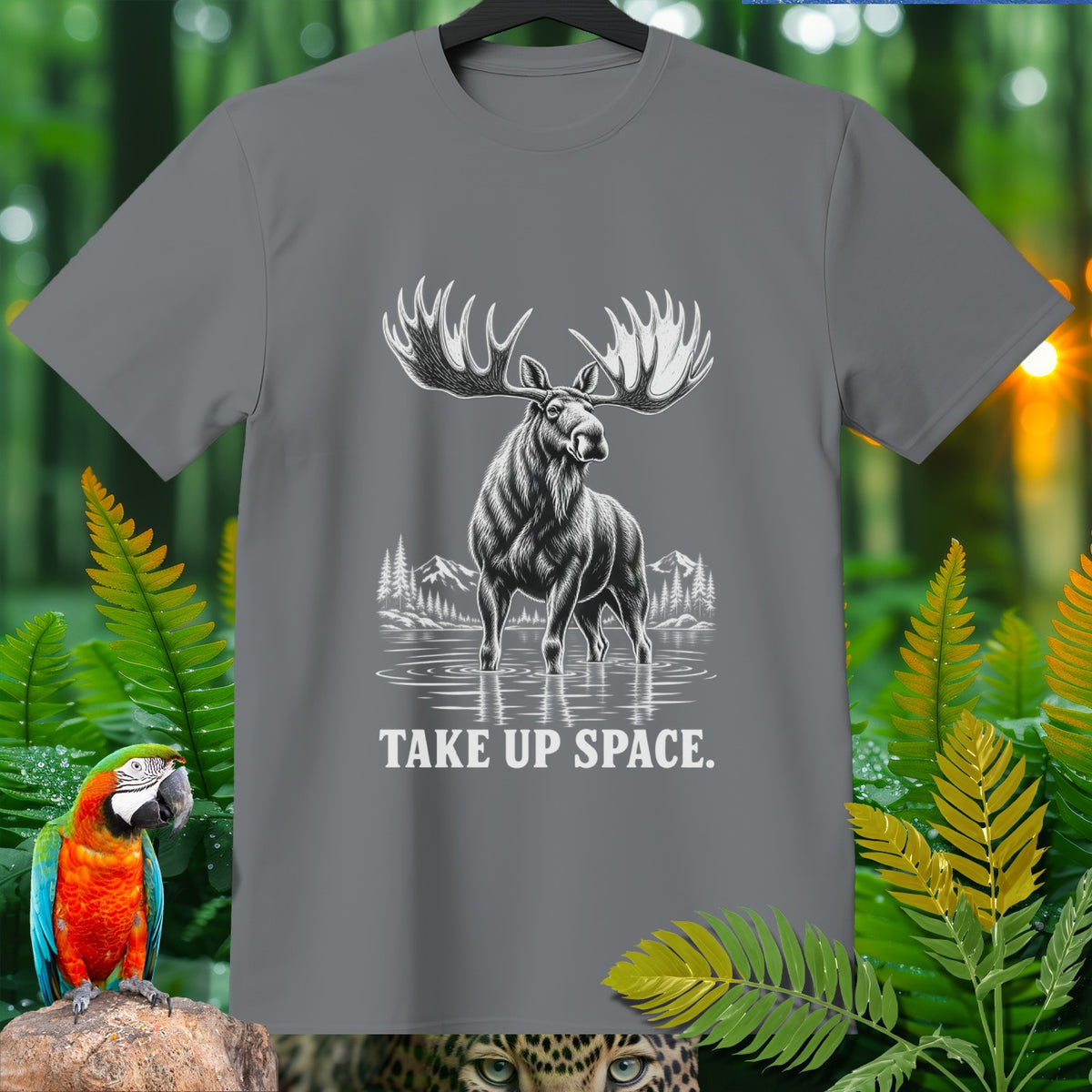 T-shirt with a graphic of a moose in water and the text "TAKE UP SPACE."