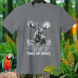T-shirt with a graphic of a moose in water and the text 