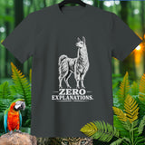 Dark grey t-shirt with white llama graphic and text 