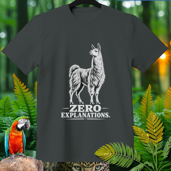 Dark grey t-shirt with white llama graphic and text "ZERO EXPLANATIONS".
