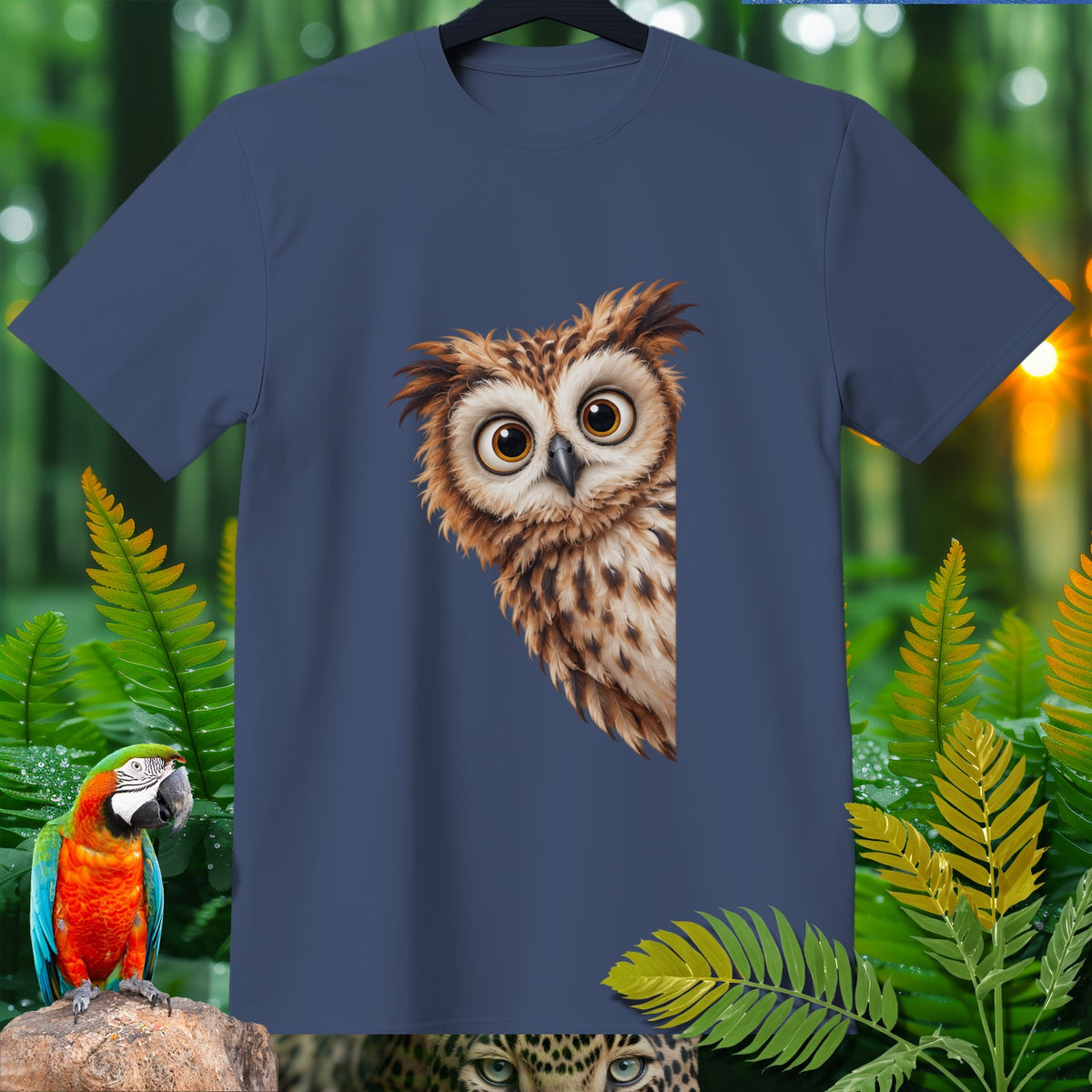 T-shirt with a close-up illustration of a cartoon owl's face.