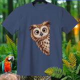 T-shirt with a close-up illustration of a cartoon owl's face.