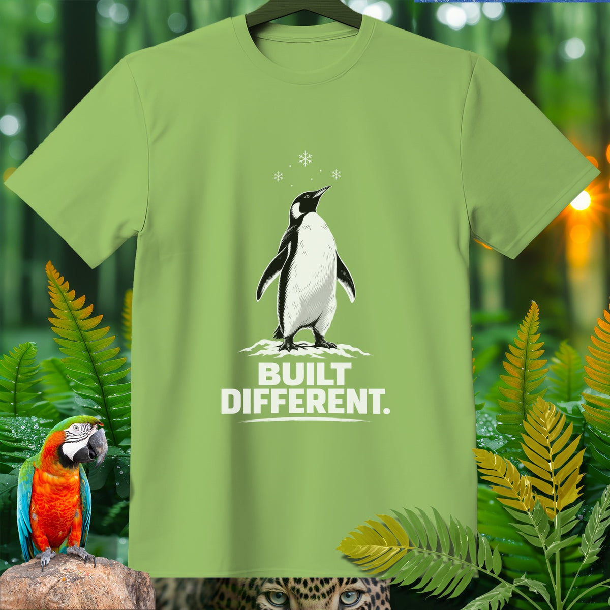 Green t-shirt with a penguin graphic and text "BUILT DIFFERENT."