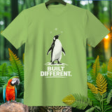 Green t-shirt with a penguin graphic and text 