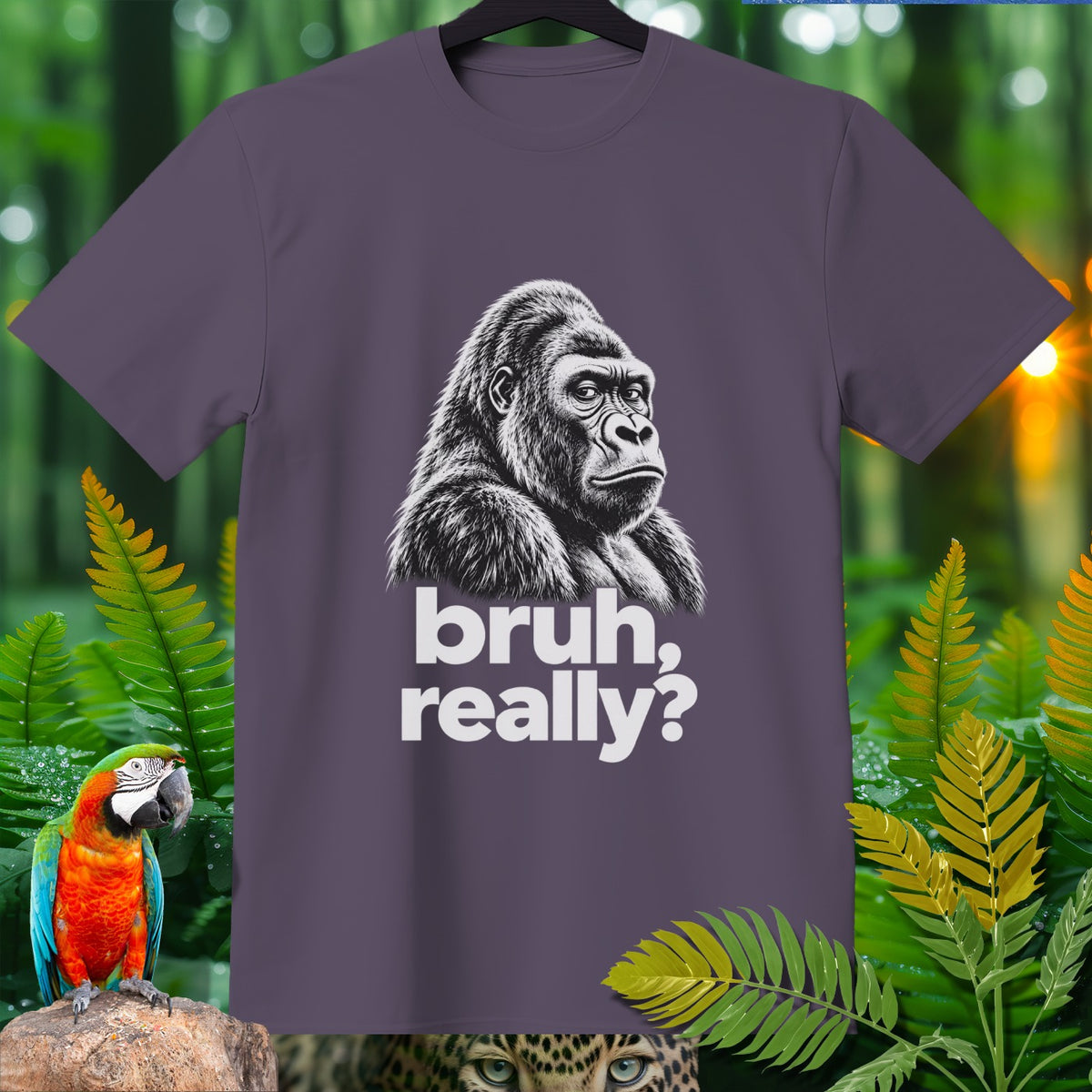 T-shirt with a gorilla graphic and the text "bruh, really?"