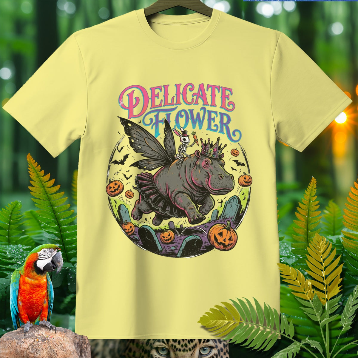 Yellow t-shirt with a graphic of a fairy hippo, skeleton bunny, and pumpkins.
