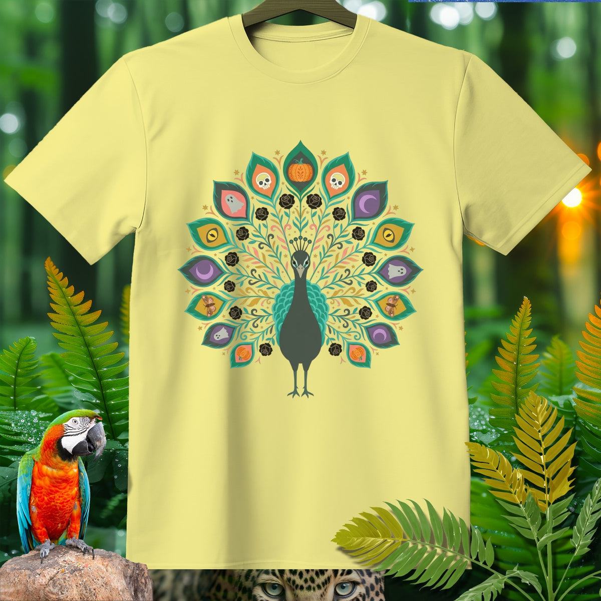 Light yellow t-shirt with a peacock design featuring Halloween-themed elements.