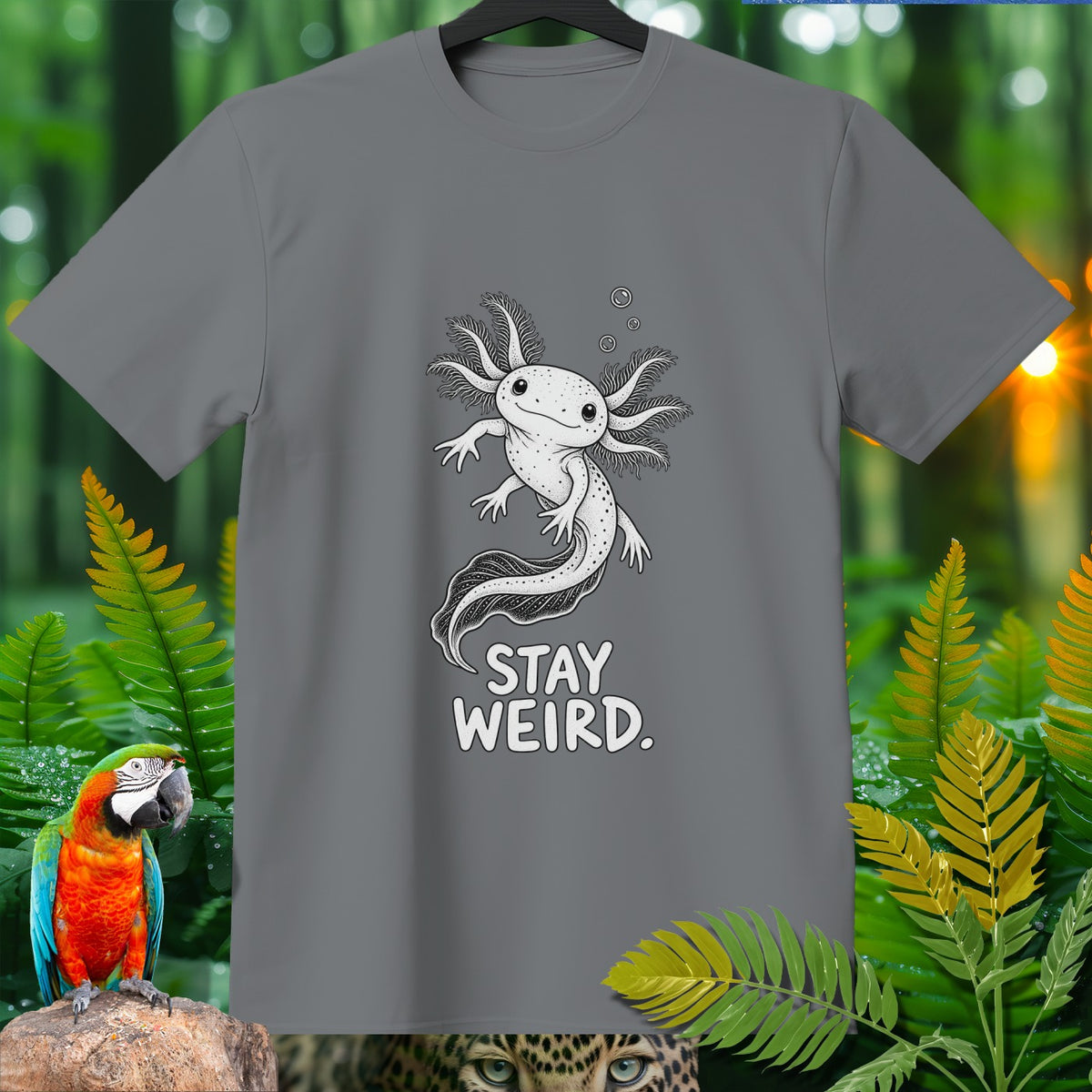 Grey t-shirt with a black and white axolotl graphic and text "STAY WEIRD."