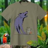 T-shirt with purple wolf and mouse holding pumpkin graphic on taupe fabric.