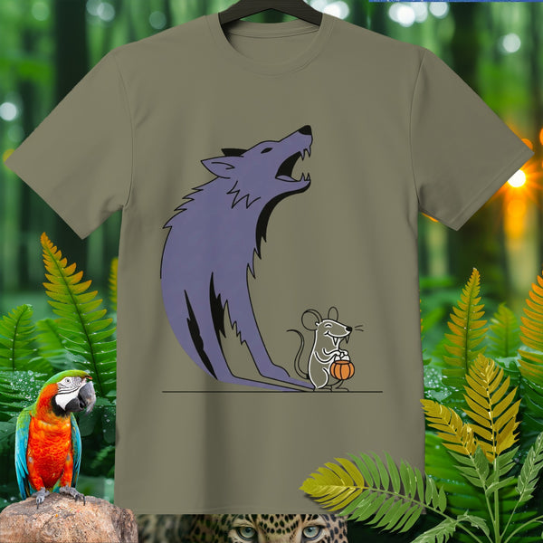 T-shirt with purple wolf and mouse holding pumpkin graphic on taupe fabric.