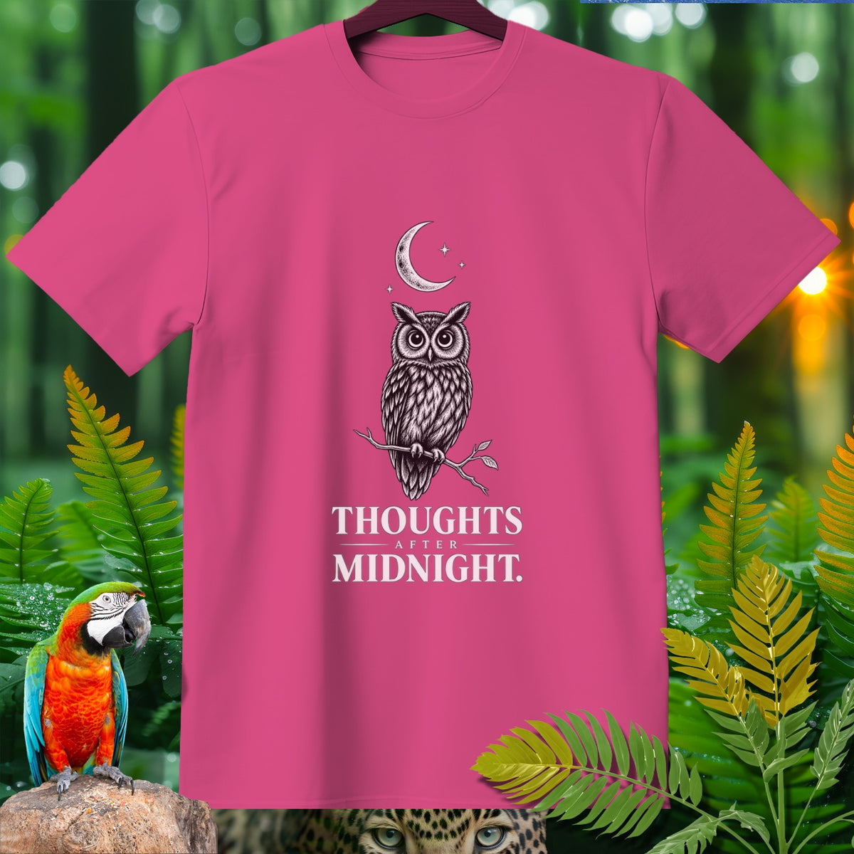 Pink t-shirt with owl, moon, stars graphic and text "Thoughts After Midnight".