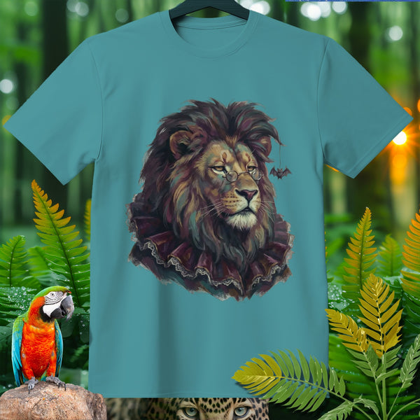 Teal t-shirt with a regal lion wearing glasses and a ruffled collar.