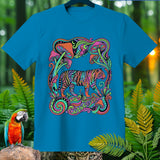 Turquoise t-shirt with psychedelic tiger and mushrooms graphic.