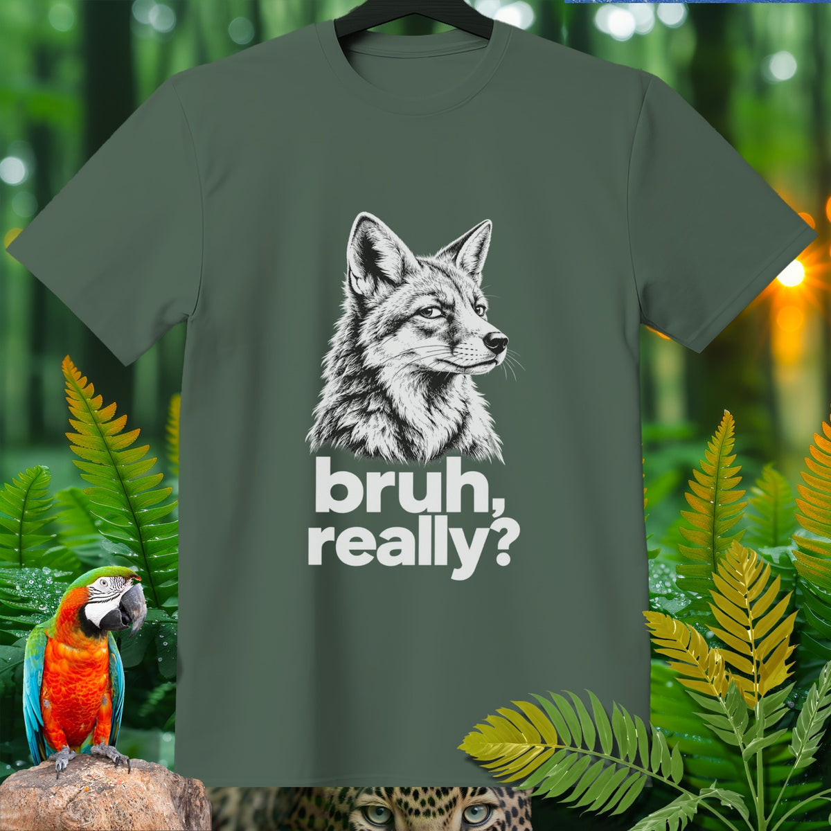 Olive green t-shirt with black and white fox illustration and text "bruh, really?".