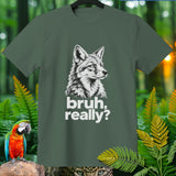 Olive green t-shirt with black and white fox illustration and text 