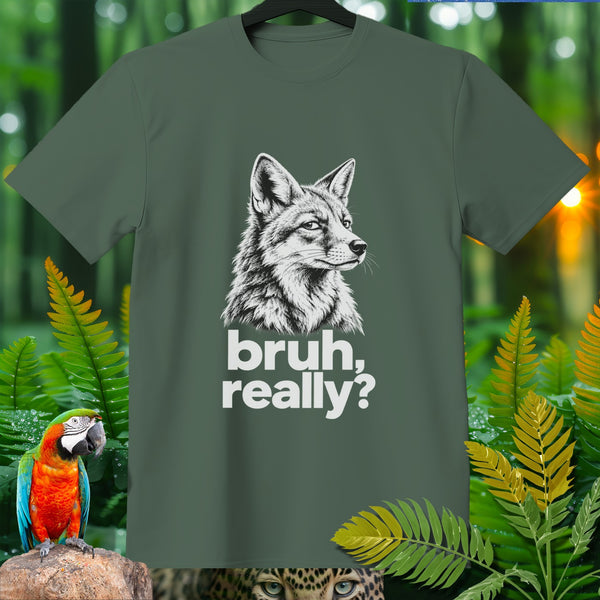 Olive green t-shirt with black and white fox illustration and text "bruh, really?".