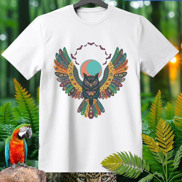 White t-shirt with an owl graphic featuring colorful, patterned wings and bats.