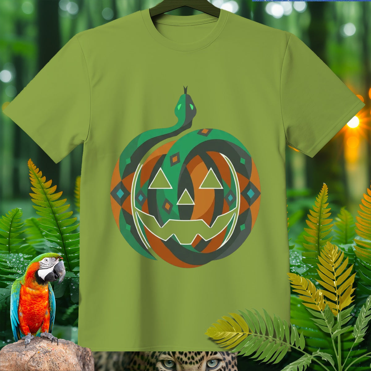 Green t-shirt with a snake coiled around a geometric jack-o'-lantern graphic.