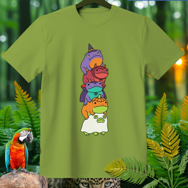 Green t-shirt with stacked Halloween-themed frogs: witch, devil, vampire, pumpkin, ghost.
