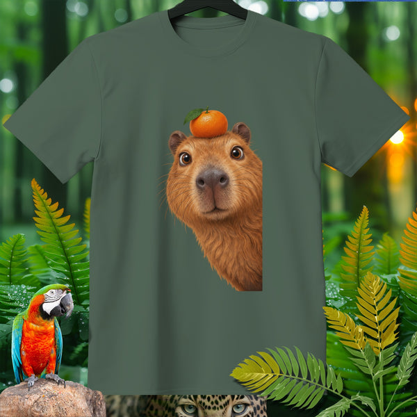 T-shirt with a capybara wearing an orange on its head and a parrot.