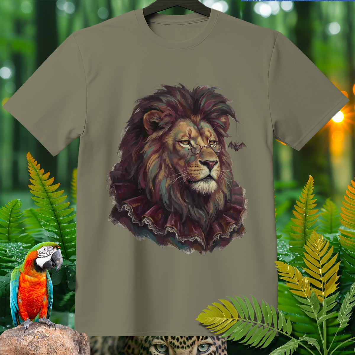 T-shirt with a lion wearing glasses and a ruffled collar, with a bat.