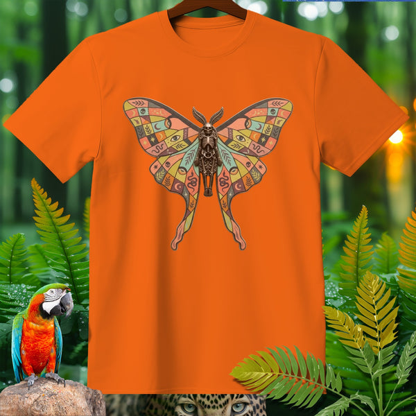 Orange t-shirt with colorful moth graphic featuring skeleton body and geometric wing patterns.