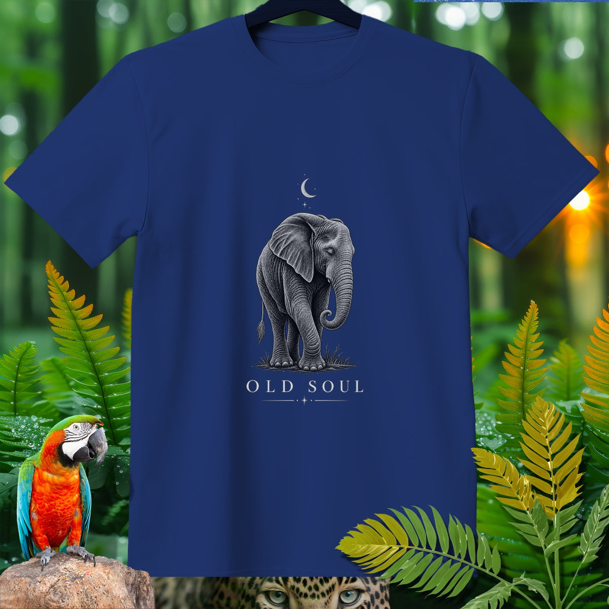 Dark blue t-shirt with a detailed drawing of an elephant and the text "OLD SOUL".