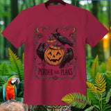 Maroon t-shirt with a Halloween design featuring crows, a pumpkin, and the text 