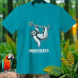 Teal t-shirt with a sloth hanging from a branch, text reads 