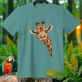 Teal t-shirt with peeking giraffe graphic, macaw, and leopard eyes.
