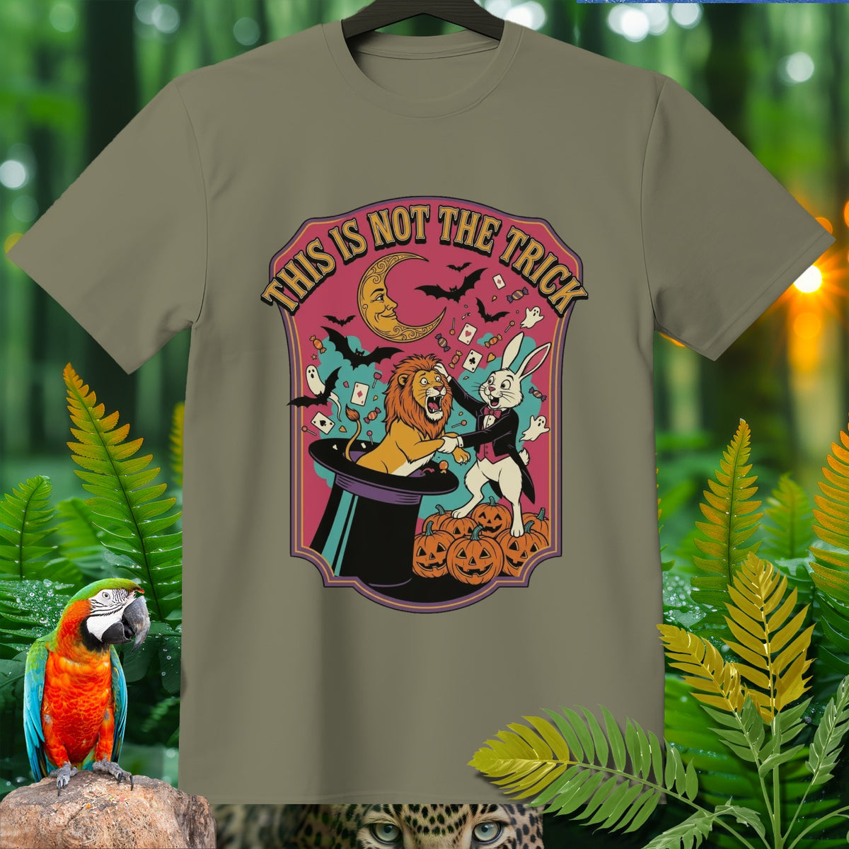 Lion and rabbit with text "THIS IS NOT THE TRICK" on a t-shirt.