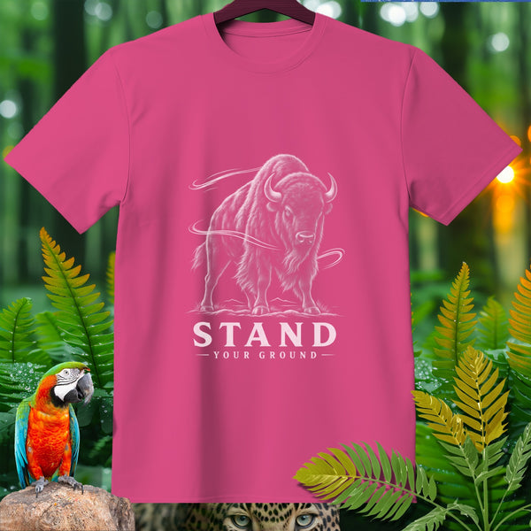 Pink t-shirt with a white bison graphic and text "STAND - YOUR GROUND".