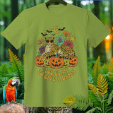 Leopard with sunglasses on pumpkins, text 