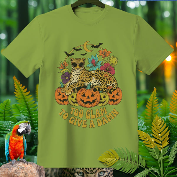 Leopard with sunglasses on pumpkins, text "Too Glam To Give A Damn".