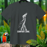 Dark gray t-shirt with white graphic of goat on cliff and text 