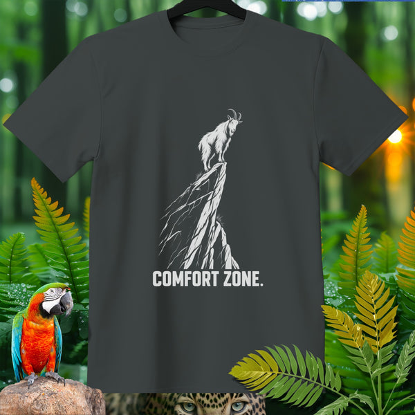 Dark gray t-shirt with white graphic of goat on cliff and text "COMFORT ZONE."
