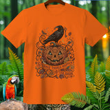 Orange t-shirt with Halloween pumpkin, raven, key, and text 