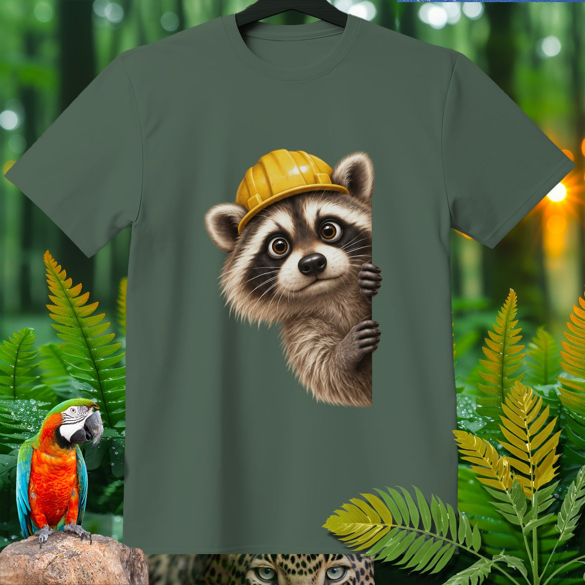 Green t-shirt with a raccoon wearing a yellow hard hat peeking from the side.