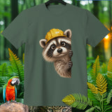 Green t-shirt with a raccoon wearing a yellow hard hat peeking from the side.